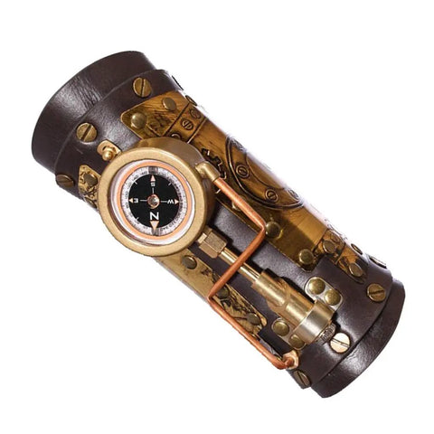 Dope Steampunk Arm Sleeve Crafted From Sturdy PU Leather With Antique Brass Gears And Built In Compass Gothic Wrist Guard, top view.