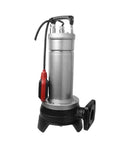 Rock Solid Stainless Steel Sewage Pump For Basement Drainage And Pool Water Transfer Compact Heavy Duty Submersible Motor shown from the side.