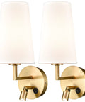 Set Of Two Modern Brass Gold Wall Sconces With Fabric Shade And USB Rechargeable Lights, Switch-Operated Wall Lamps.