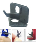 Self Adhesive Arrow Rest For Recurve Bow Right Hand 8 Pack with close-up of black plastic rest and hand applying it on blue bow.
