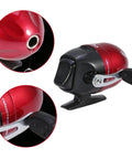 Closed Face Spin Cast Fishing Reel With 2.6 To 1 Gear Ratio And Pre Spooled Line For Freshwater And Saltwater Use Built With Durable Plastic And Metal Components For Smooth Retrieval And All Weather Tough Build Performance, shown in red with a side view and close-up details.