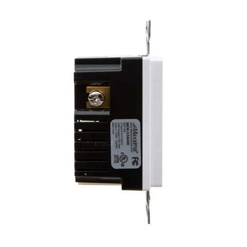 Side view of Four USB Ports Wall Outlet With Two USB Type C And Two USB Type A High Speed Charging, vertical multi plug socket in white.