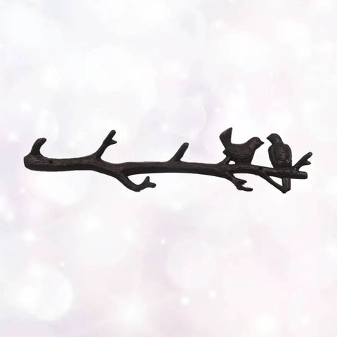 Vintage Cast Iron Tree Branch Coat Hook For Walls And Entryways with two bird accents, dark brown, 30 inches long.