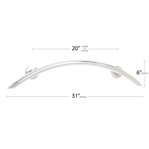 31 inch crescent curved shower grab bar dimensions, polished 304 stainless steel, 20 inch flange to flange, 6 inch height.