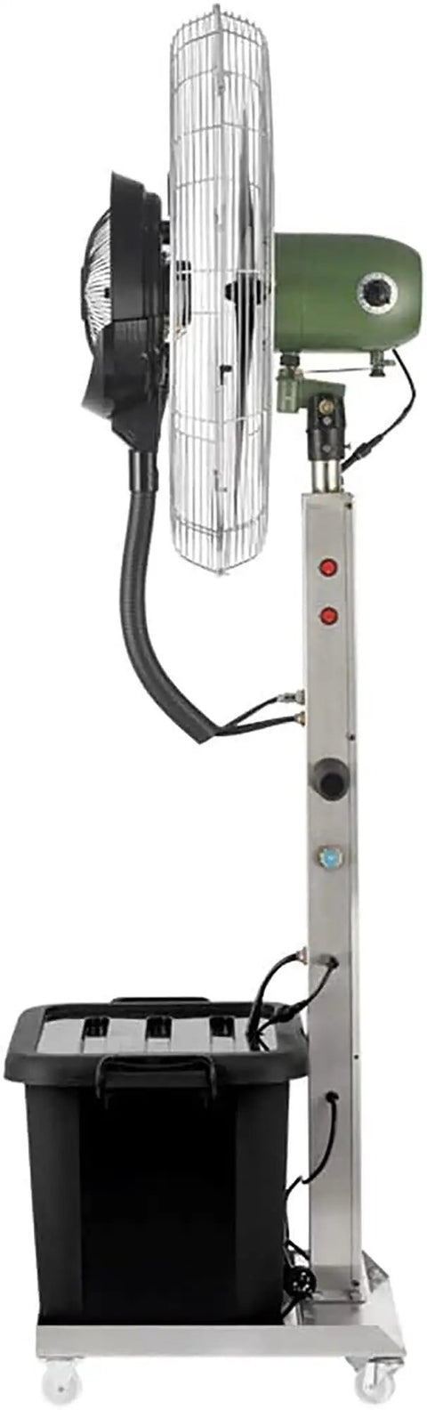 Workhorse Industrial Misting Fan With 42L Water Tank and large stainless blades on a sturdy pedestal with wheels.