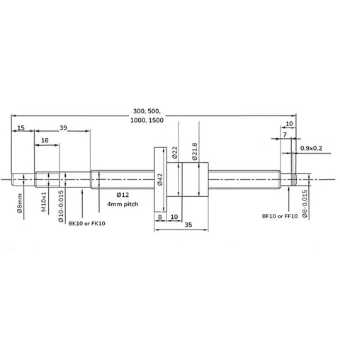 Technical diagram of Rolled Ball Screw Kit With End Machined, 1204 Ball Nut, 800mm Length, C7 Tolerance, illustrating dimensions.