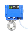 Front view of Motorized 1/2 Inch Ball Valve With Full Port 304 Stainless Steel, NSF Certified Drinking Water Safe, NPT Threads, 9 To 24V AC DC, Two-Wire Auto Return