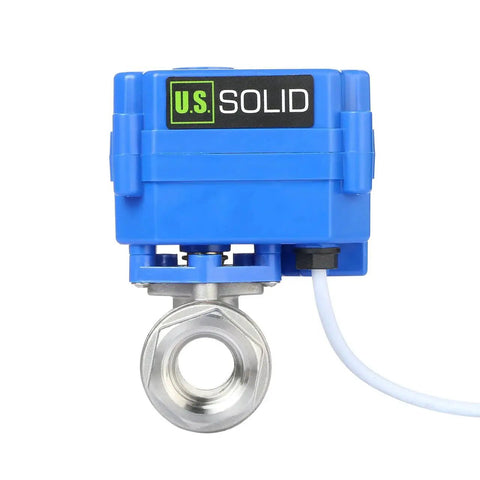 Front view of Motorized 1/2 Inch Ball Valve With Full Port 304 Stainless Steel, NSF Certified Drinking Water Safe, NPT Threads, 9 To 24V AC DC, Two-Wire Auto Return