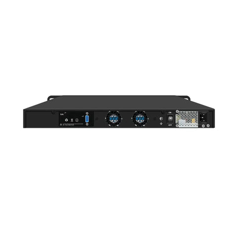 Top Shelf One U Rackmount Firewall Box Running Intel Core I7 9700 With Eight Gigabit Lan Ports And Dual 10G Uplinks Nailed Down For OPNSense Networks Rock Solid Performance Ready To Roll Out Barebone Model rear view showing ports and fans.