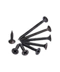 Black Phillips Flat Head Wood Screws Size Six Gauge 35 Millimeter Carbon Steel 50 Pack arranged fanned out on surface