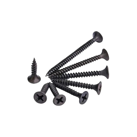 Black Phillips Flat Head Wood Screws Size Six Gauge 35 Millimeter Carbon Steel 50 Pack arranged fanned out on surface