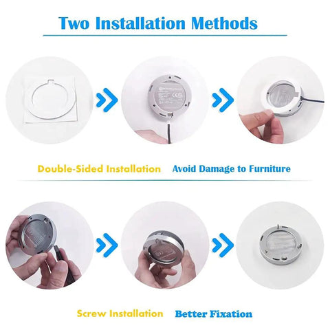 Under Cabinet LED Puck Lights 12V 2W Each in a Sweet Six Pack With Wireless Dimmer showing installation methods, double-sided and screw.