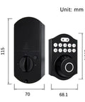 No Sweat Smart Fingerprint Door Lock featuring keyless entry deadbolt and electronic touchscreen, with dimensions in mm.