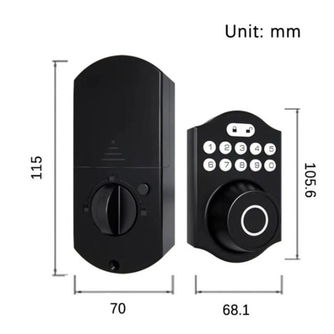 Smooth Keyless Entry Deadbolt With Smart Fingerprint Reader And Electronic Keypad Bluetooth App Control No Sweat Setup, dimensions 115x70mm.