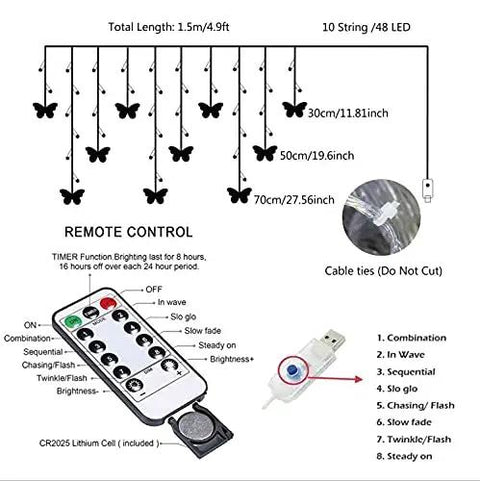 Diagram of Butterfly Curtain String Lights With Remote USB Powered 48 LED Twinkle Lights 8 Modes Perfect For Bedroom Window Decor