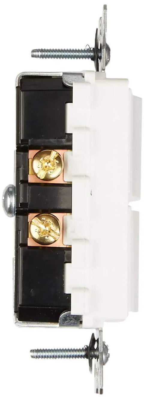 20 Amp 120 to 277 Volt Decora Combination Switch With Grounding, side view showing screws and terminal details, white finish