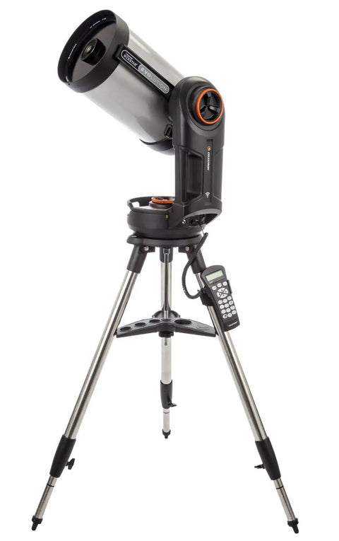 NexStar Evolution 8 Schmidt-Cassegrain Telescope With Built-In WiFi GoTo Mount Bundle on tripod, side view with control panel.