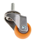Universal Heavy Duty Swivel Furniture Casters With Non Marking Polyurethane Trolley Wheels That Roll Slick And Glide Like Butter On Platform Chairs And Office Seating Replacements, close-up of caster with orange wheel.