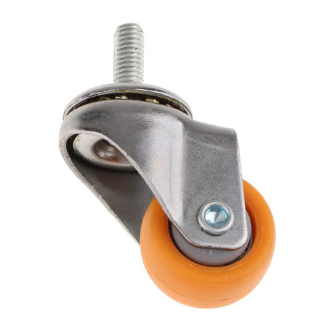Universal Heavy Duty Swivel Furniture Casters With Non Marking Polyurethane Trolley Wheels That Roll Slick And Glide Like Butter On Platform Chairs And Office Seating Replacements, close-up of caster with orange wheel.
