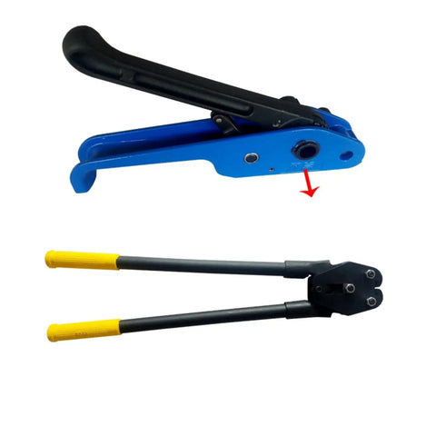 Heavy-Duty PET Strapping Machine Kit With Manual Tensioner And Sealer, blue hand tool for 13-19mm polyester straps.