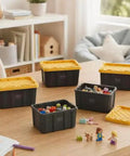 Dead Simple Mini Storage Totes With Snap Lids And Stackable Design For Hardware Sorting Plus Craft Supplies Organizer Compact Nestable Bins Perfect For Small Parts And Screws displayed on a table with colorful craft items inside.