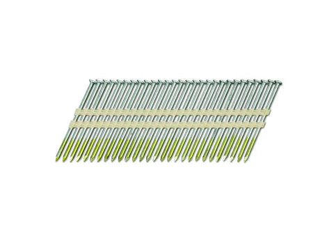 Framing Nails 3 Inch 0.131 Gauge 21 Degree Full Round Head Smooth Shank Plastic Strip Bright Basic Finish 1000 Count For Wood Framing And Construction Pro Grade Heavy Duty Compatible With NR83A5 NR83A5S NR90AES1 in a plastic strip arrangement
