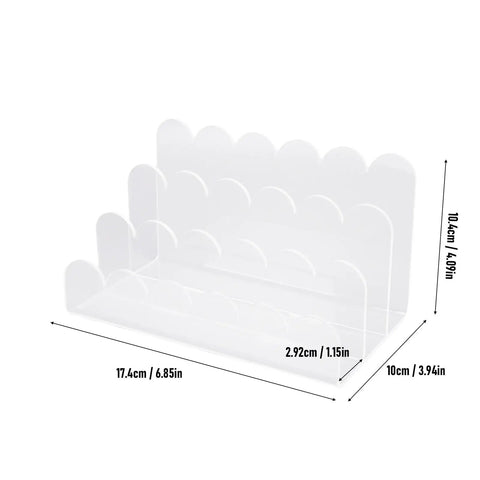 Clear 3 Slot Desktop Letter Holder With Wavy Design Acrylic Mail Tray with dimensions shown for home office desk use.