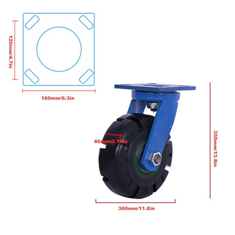 Heavy Duty 12 Inch Black Castor Wheels Built Like A Tank For Industrial Carts Rock Solid Load Capacity And Smooth Rollout Every Single Time You Need Them, showcasing 12-inch rubber wheel with locking mechanism.