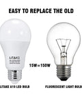 Lit A19 LED Bulbs 150 Watt Equivalent 5000K Daylight E26 Base 15W 1600 Lumens next to traditional bulb