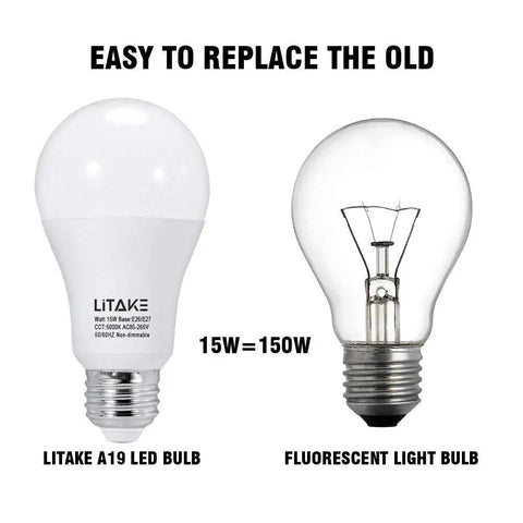 Lit A19 LED Bulbs 150 Watt Equivalent 5000K Daylight E26 Base 15W 1600 Lumens next to traditional bulb