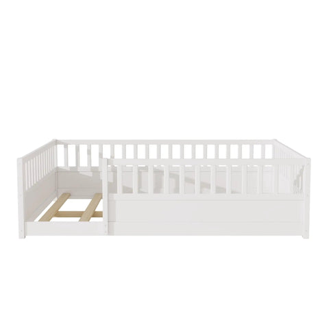Queen Montessori Floor Bed With 21.46-Inch Wraparound Guardrails For Toddlers And Kids, Low-Profile Solid Wood Bed Frame