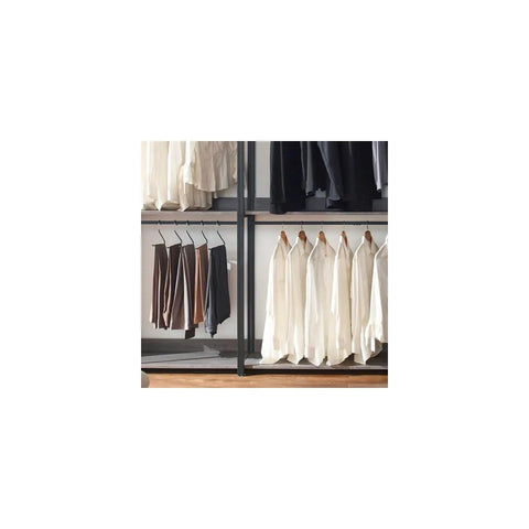 Top Shelf Vintage Wood And Metal Walk In Closet Organizer System With Adjustable Modular Shelves Hanging Rods And Hooks For Clothes Shoes Plus A Hella Convenient Custom Setup featuring hanging shirts and blouses.