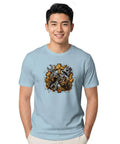 Rugged Garage Project T-Shirt With Vintage Piston Wrench And Gear Badge Design For Hardcore DIY Builds, Engine Repair Work, And Weekend Shop Creations Featuring Distressed Vector Graphics On Mens Heavyweight Cotton, worn by smiling man in light blue, featuring vintage graphic.