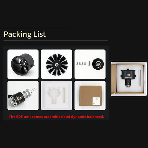 64mm 12 Blade EDF Ducted Fan With 4S 2840-KV3200 Brushless Outrunner Motor components and packaging for RC jet aircraft.