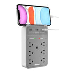 Nine In One Power Strip Extender With Six AC Outlets Three USB Ports And Phone Cradle 1080 Joules Surge Protector shown with phone