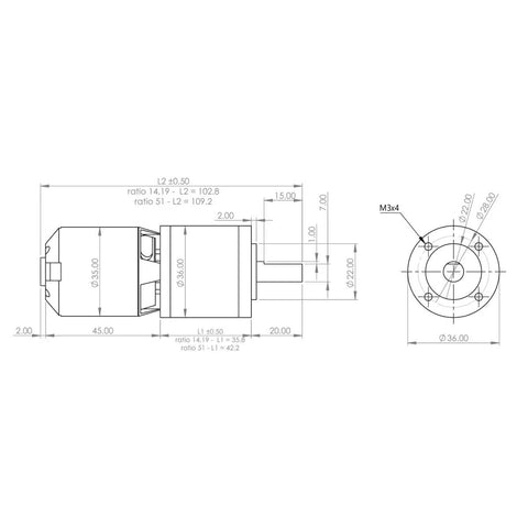 Technical diagram of Beefy Power Thor 3548 Planetary Gear Brushless Outrunner Motor 18V DC 900KV 51 To 1 Gear Ratio 36mm Gearbox