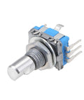 Close-up of 360 Degree Rotary Encoder Code Switch with Digital Potentiometer, five pins, 15mm D shaft, high precision potentiometer kit.