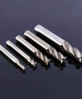 Angled side view of five HSS end mills with straight shanks and fluted cutting edges (4–12 mm).