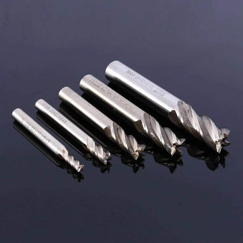 Angled side view of five HSS end mills with straight shanks and fluted cutting edges (4–12 mm).