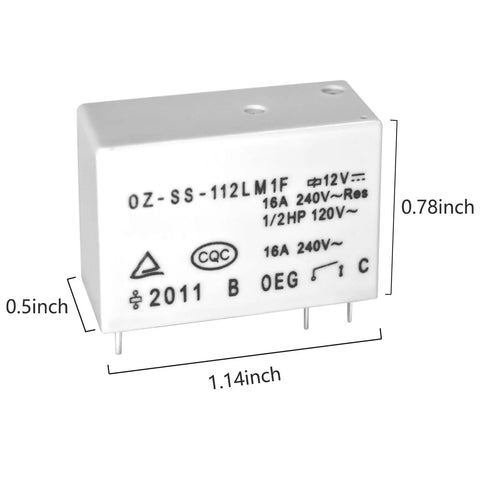 Close-up of Dual Pack 16A 12V SPST NO PCB Relay, white casing with dimensions, used for DIY projects and industrial electronics.