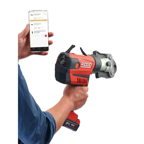 Person using RP 350 ProPress Pressing Tool And Battery Kit With 18 Volt Battery And Charger For Pro Plumbers And HVAC Pros MegaPress Jaws
