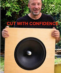 Man holding wooden panel with large speaker hole, made using Circle Cutter Router Jig For Precise Circle Cutting From 7 To 52.75 Inches Includes Centering Disc And Pivot Pins Circle Guide Kit Fits Most Popular Routers With 184 Size Options For Fast, Accurate Round Cuts