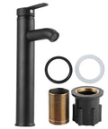 Maqulae Stainless Steel Basin Faucet, Black Tap with Bubbler (Tall) featuring a sleek design and installation parts.