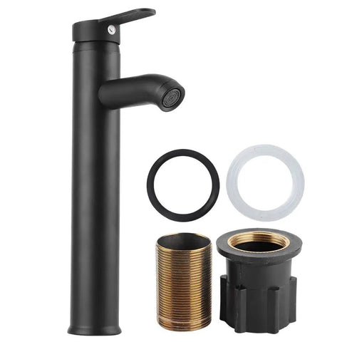 Maqulae Stainless Steel Basin Faucet, Black Tap with Bubbler (Tall) featuring a sleek design and installation parts.