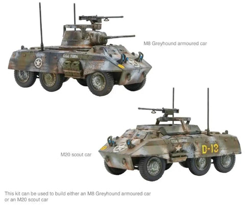 M8 Greyhound and M20 scout car from Bolt Action Battle of the Bulge Starter Set for adults, a complete WWII tabletop wargame kit.