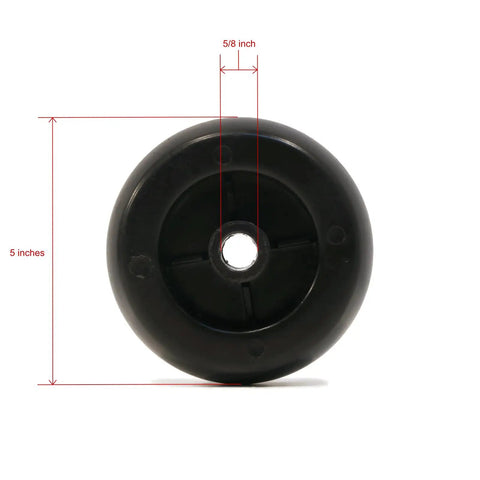 Image of a 5 inch by 2 3/4 inch wheel with 5/8 inch bore from 12 Pack Deck Wheel Roller Kits For Toro Exmark Tractors 103 3168 103 4051 Includes 12 Deck Wheels Bolts Nuts And Washers With Five Eighth Inch Bore Smooth Threads And Five Inch By Two And Three Quarter Inch Wheels Beefed Up For Heavy Duty Performance.