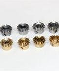 Two Pack 0.8M 15T Bevel Pinion Gear Set 1 To 1 Ratio, 12.7mm Outer Diameter, 8mm Total Length, Brass Bevel Gear, assorted bores shown
