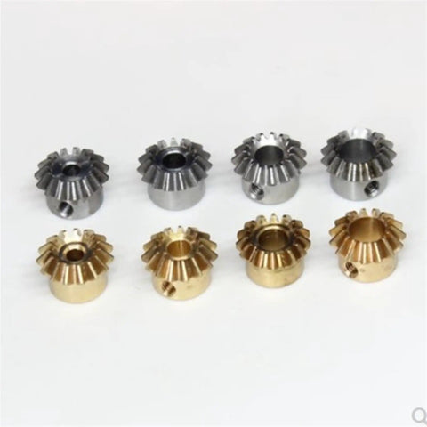 Two Pack 0.8M 15T Bevel Pinion Gear Set 1 To 1 Ratio, 12.7mm Outer Diameter, 8mm Total Length, Brass Bevel Gear, assorted bores shown