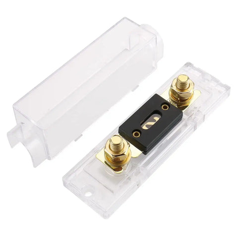 Tough As Nails Three Pack ANL Fuse Holder Kit Rated For 400 Amps Gold Plated Terminals inside clear cover.