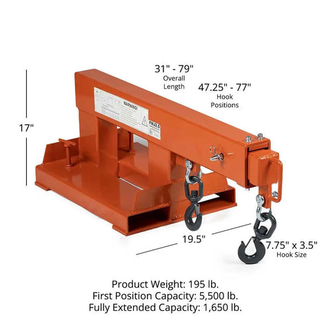 Built Tough Fork Mounted Telescoping Jib Boom Crane With 5500 LB Lifting Power And Sweet 31 To 79 Inch Reach Makes Skid Steer Conversions No Sweat On Any Job Site